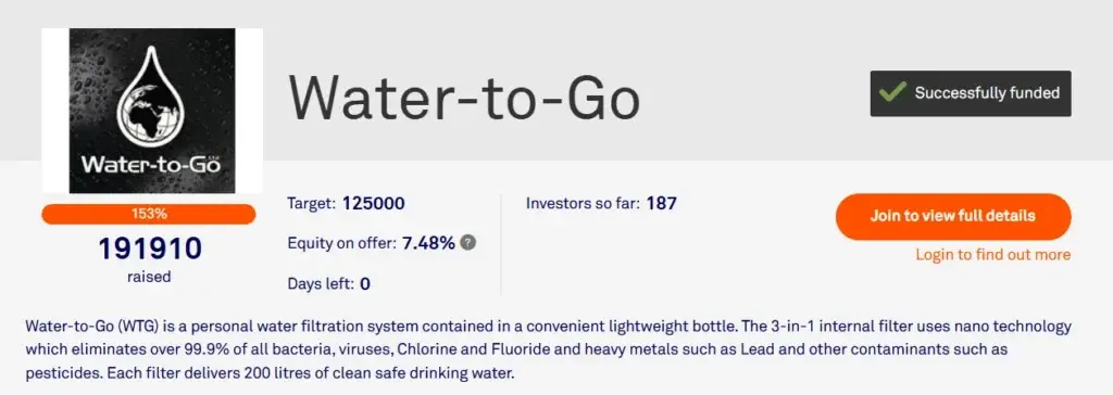 inversion agua water to go crowdcube